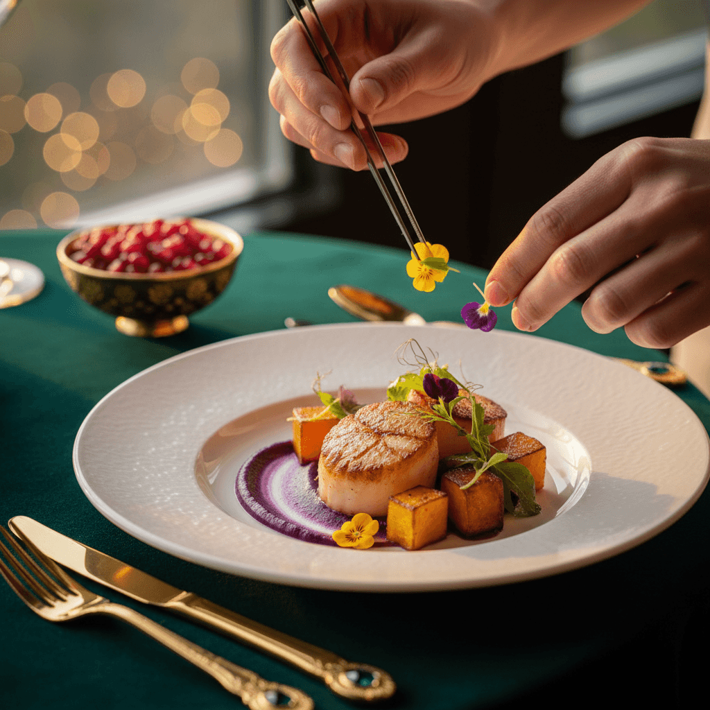 Plated appetizer being garnished by chef hands