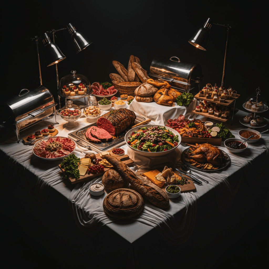 Professionally arranged buffet display with diverse catering offerings