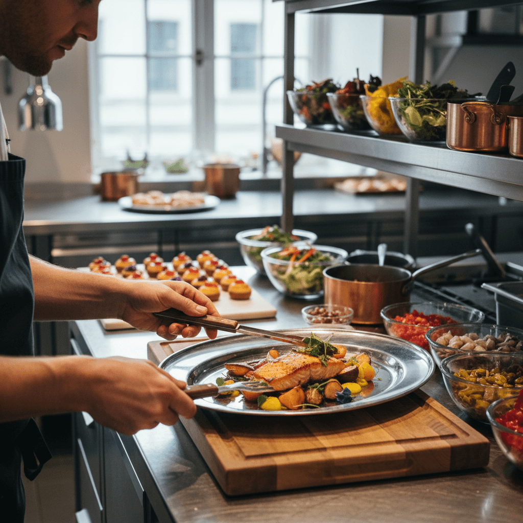 Chef transferring prepared food to serving platter during catering prep