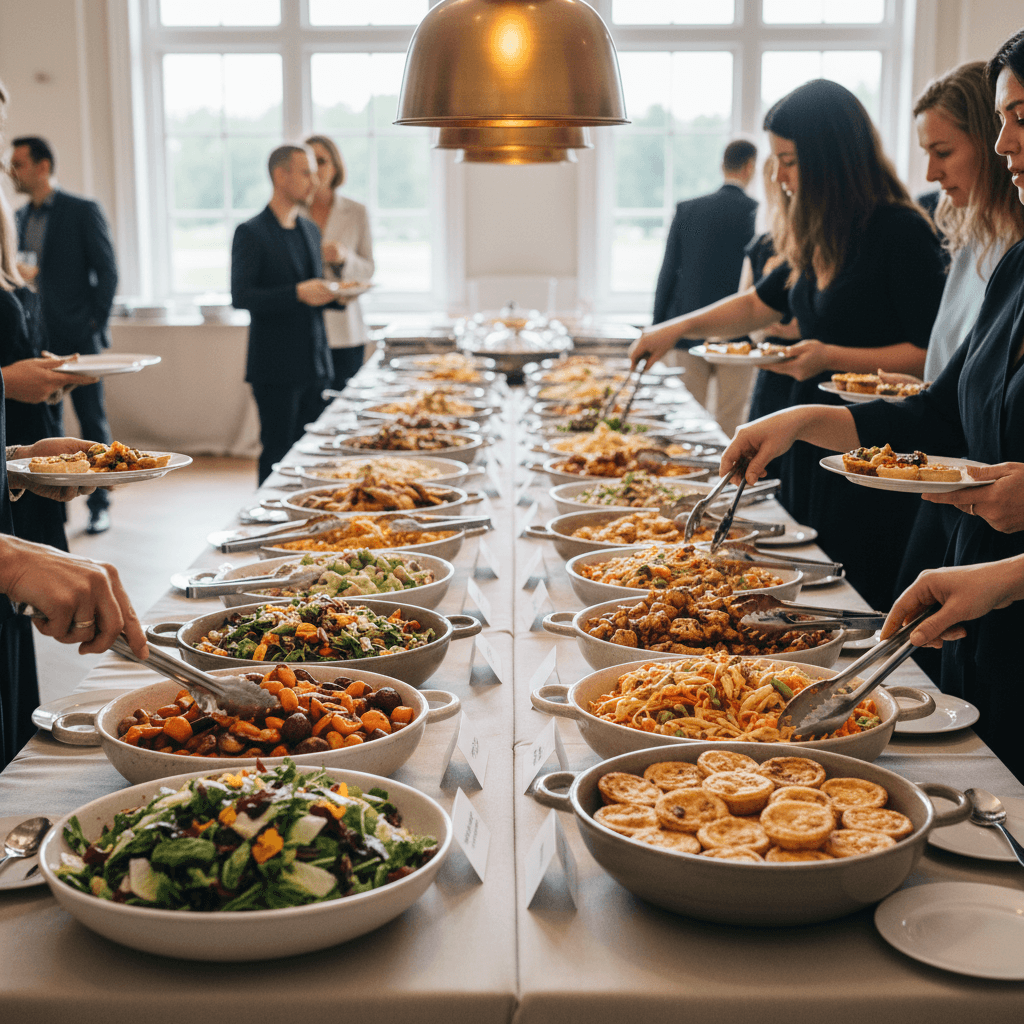 Full catering buffet spread at corporate event