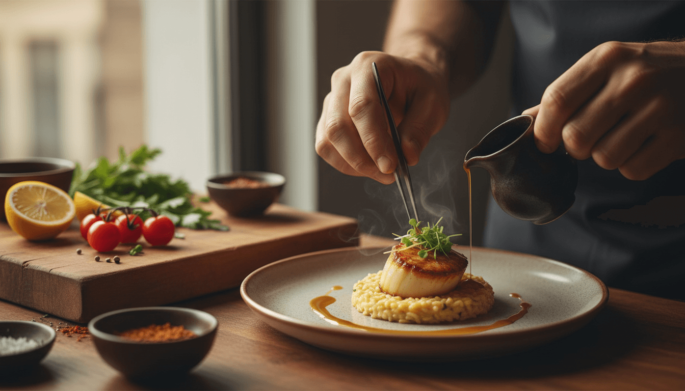Chef's hands carefully plating a finished catering dish with precision and care