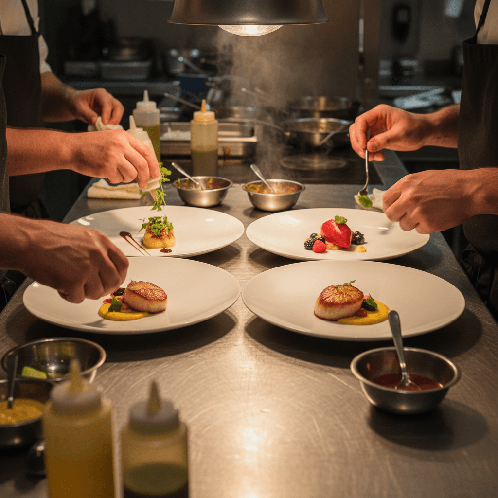 Professional kitchen plating multiple dishes simultaneously