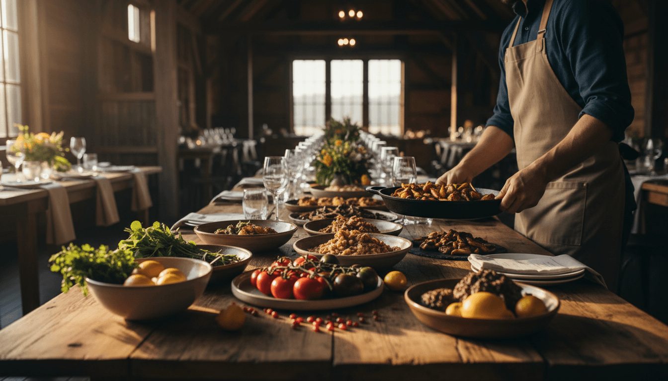 Professional catering spread with multiple prepared dishes on wooden table, warm natural lighting