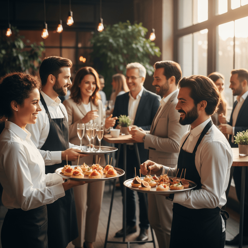 Catering staff serving appetizers to event guests