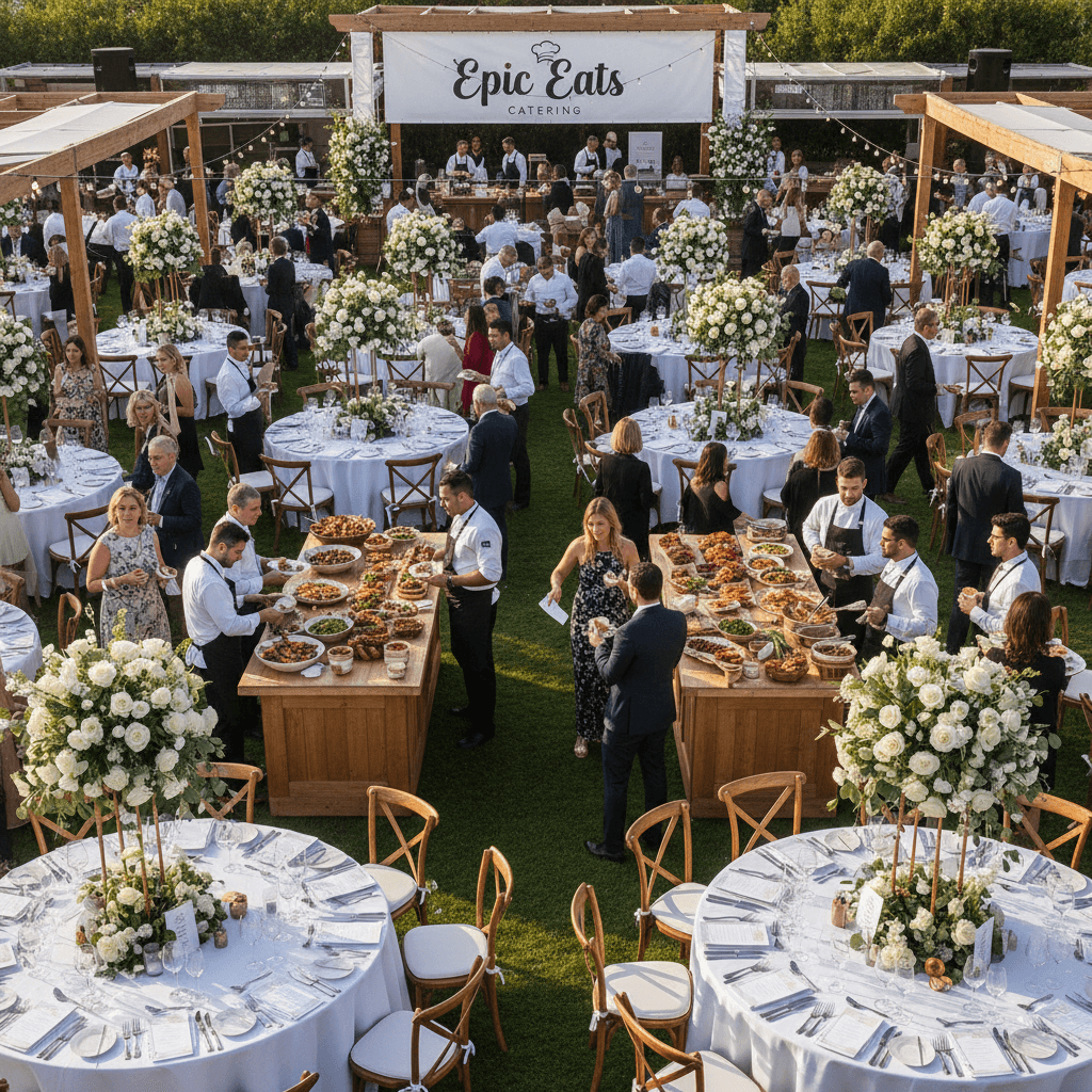 Full outdoor catering event with tables, guests, and elegant setup